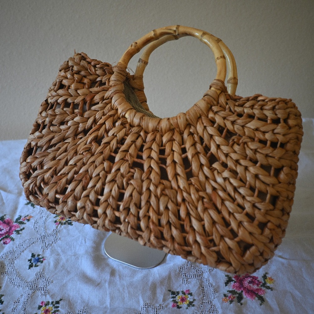 Natural Straw Woven Handbag Bamboo Look Handles Brown Lining Zipper